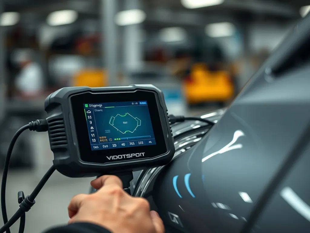 A high-tech professional car diagnostic scanner connected to