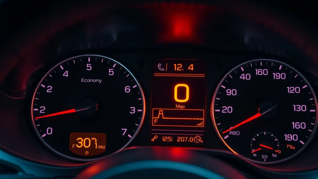 A detailed technical close-up of a modern car dashboard with